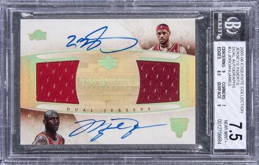 2005-06 UD "Exquisite Collection" Jerseys Inserts Dual Autographs #JJ Michael Jordan/LeBron James Dual Signed Game Used Patch Card (#1/5) – BGS NM+ 7.5/BGS 9